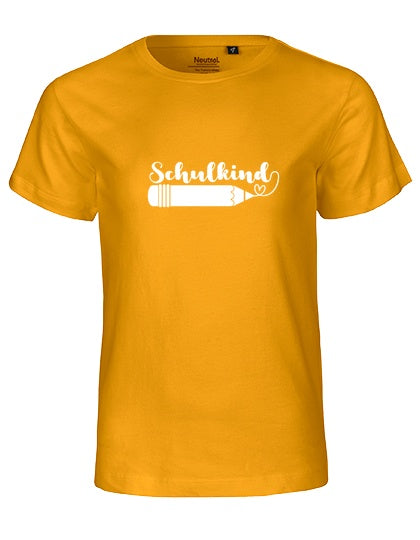 Kinder Bio T-Shirt Schulkind Stift (weißer Druck) – Gelb