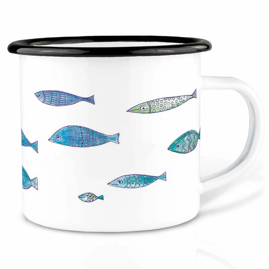LIGARTI – Emaille Becher – Tasse – Fischschwarm